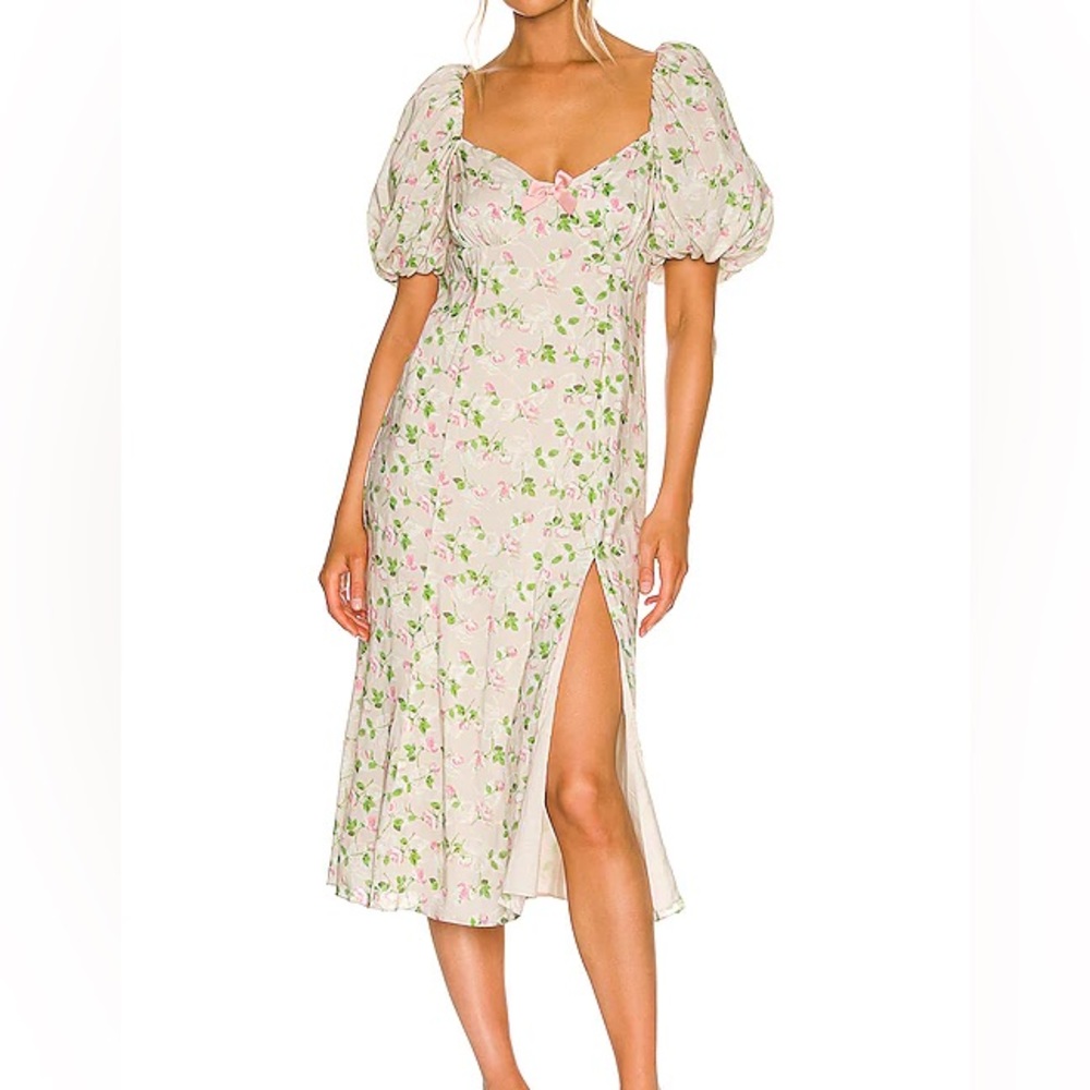 LPA Hartley Puff Sleeve Thigh Slit Midi Dress in Vanessa Floral Print S